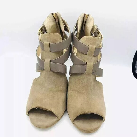 Isola Shoes Womens Size 10 M Tan Heel Zip Suede Open Toe Elegant Dress Booties - Picture 2 of 5